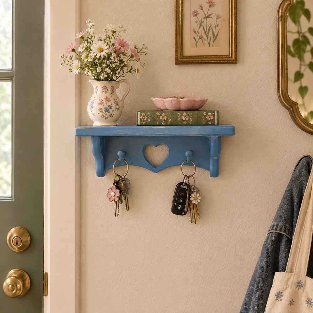 Vtg 8" Wooden Wall Display Shelf Heart Cutout Cottagecore Farmhouse Trinket